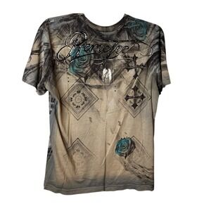 RemeTee Mens Graphic T-Shirt Size Large Tattoo Skull Rose Cross Vintage Y2K Tee